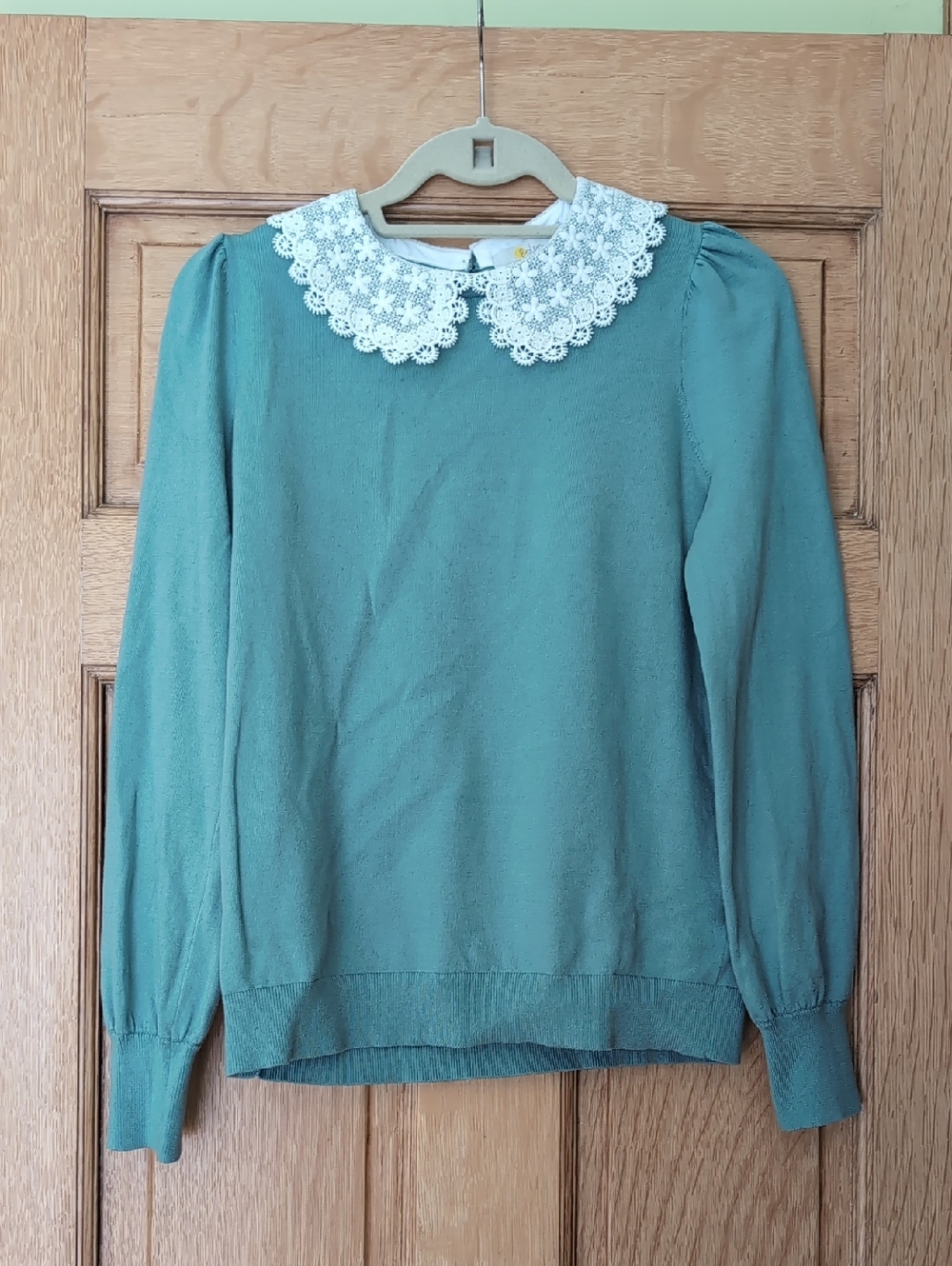Boden Mint Green Sweater with White Lace Peter Pan Collar